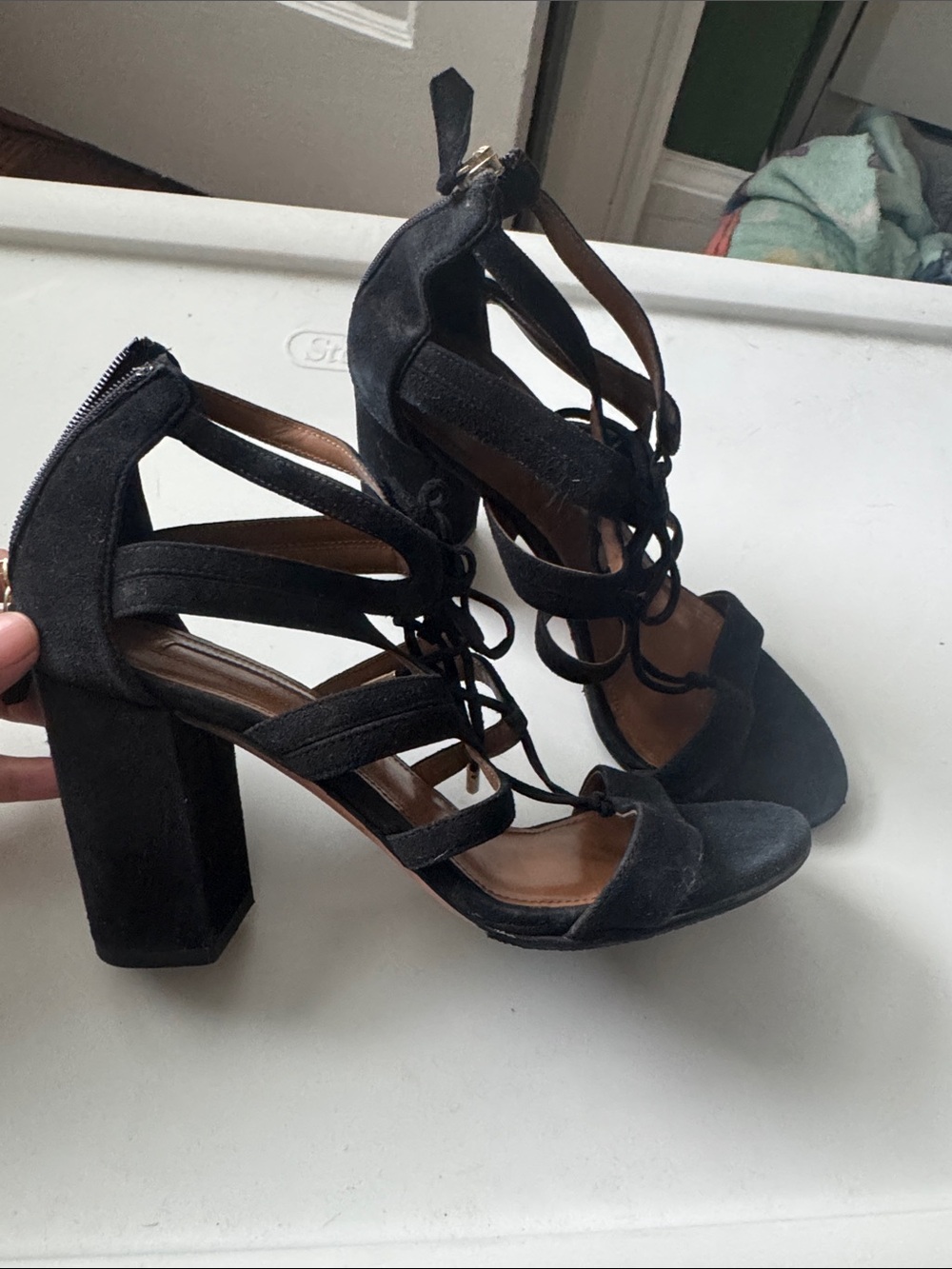 Aquazzura Black Suede Lace-Up Block Heel Sandals